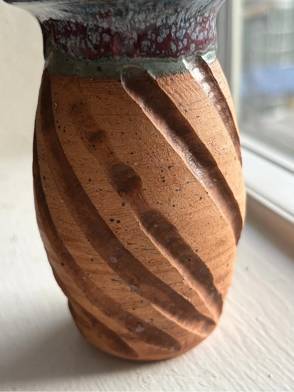 Handcrafted Studio 4.5” Pottery Bud Vase Carved Spiral Pattern Drip Glaze Rim